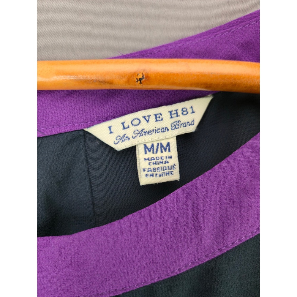 I Love H81 Pleated Mini Dress Medium Navy Purple Colorblock Chiffon Flutter Slv - Picture 2 of 9